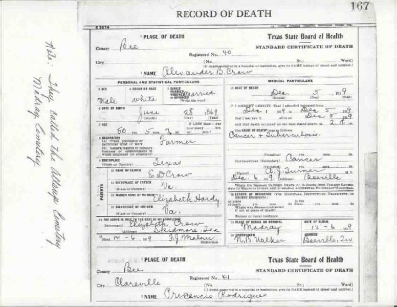 Alex Crow Death Certificate, Bee County, Texas