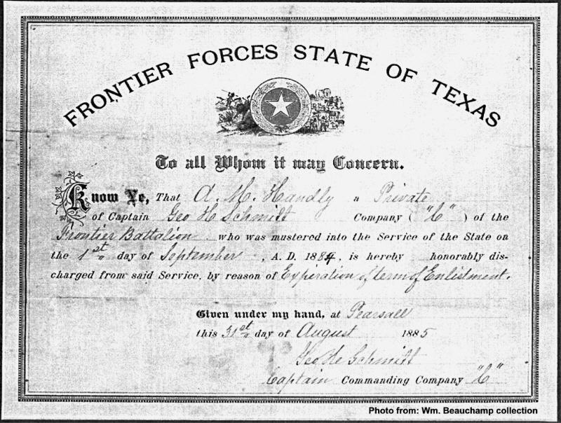 Texas Ranger Discharge, Albert M. Handly, Bee county, Texas