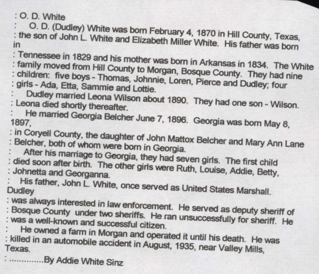 Article about O D White, Bosque County, Texas