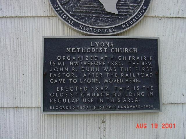Lyons Methodist Church Plaque, Burleson County, Texas