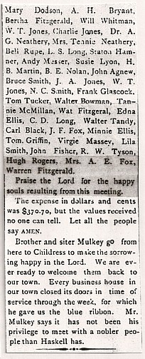 Mulkey Revival Article, 1894, Haskell County, Texas