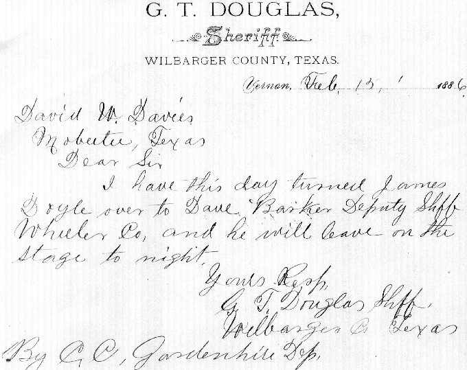 letter from Sheriff G T Douglas about Deputy Sheriff David Barker